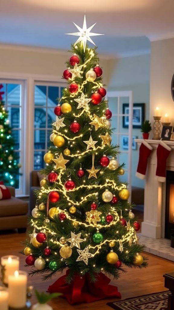 A slim Christmas tree decorated with lights and ornaments in a cozy living room.